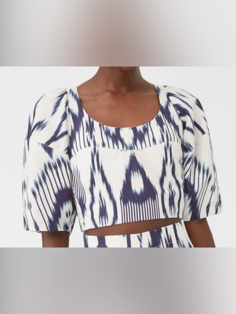 Rebecca Taylor Nwt Navy Ikat Canvas Linen Size 8 Crop Top Zipper Smocking